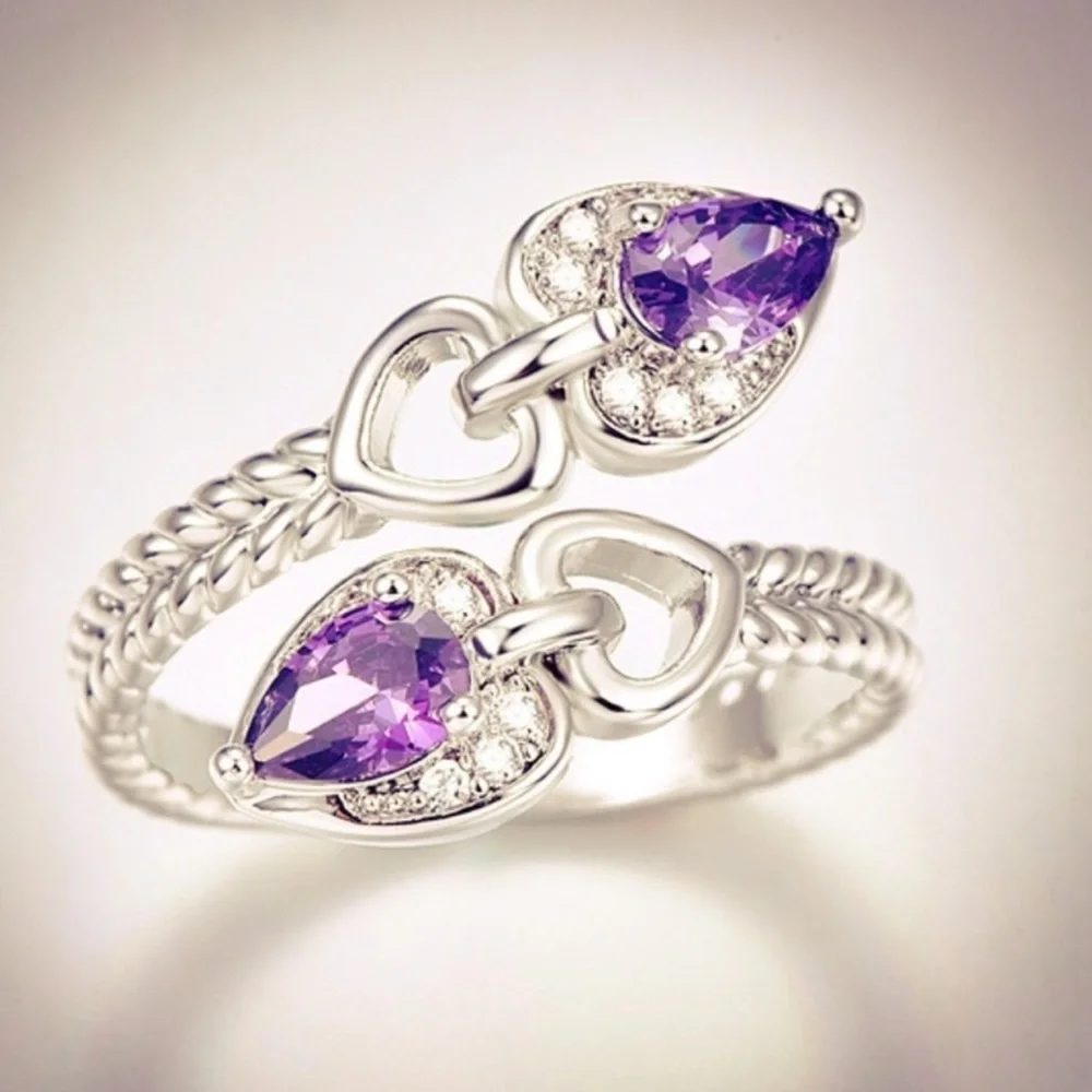New S925 Sterling Silver Purple Amethyst & Morganite Heart Tear Drop Ring